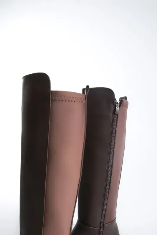 Beja Coffee color, zippered, thick-soled, oval-toe, everyday stretch elastic knee-high boot. - 7