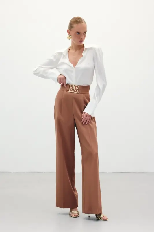 Bel Aksesuarlı Bol Paça Pantolon - Camel - CAMEL - 2