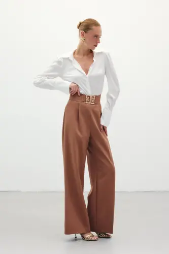 Bel Aksesuarlı Bol Paça Pantolon - Camel - CAMEL - 3