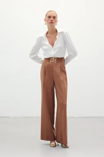 Bel Aksesuarlı Bol Paça Pantolon - Camel - CAMEL - 4