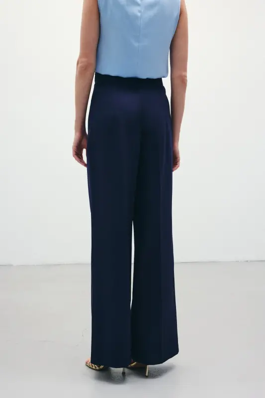 Bel Aksesuarlı Bol Paça Pantolon - LACİVERT-LACİVERT - 5