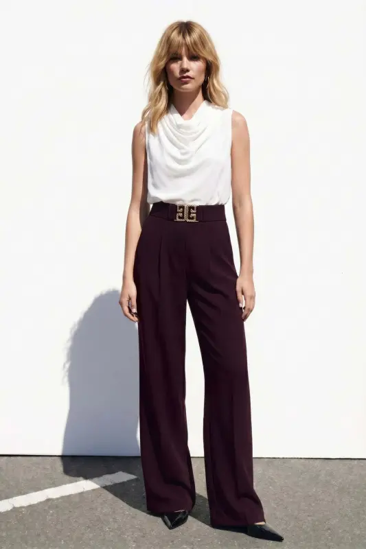 Bel Aksesuarlı Bol Paça Pantolon - Mürdüm - Mürdüm - SATEEN