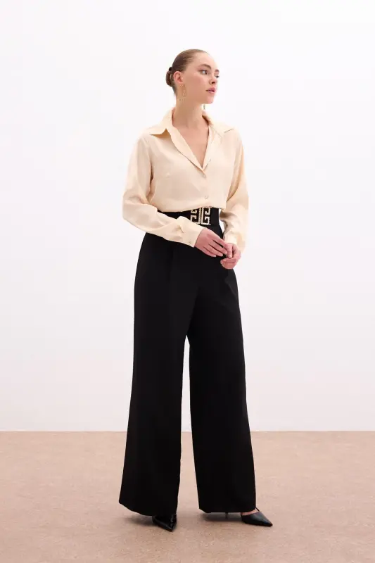 Bel Aksesuarlı Bol Paça Pantolon - Siyah - SİYAH - 4