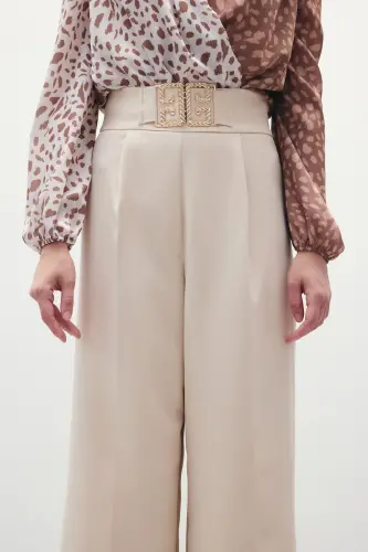Bel Aksesuarlı Bol Paça Pantolon - Taş-TAŞ - 5