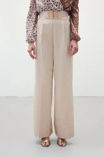 Bel Aksesuarlı Bol Paça Pantolon - Taş-TAŞ - 6