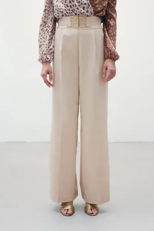Bel Aksesuarlı Bol Paça Pantolon - Taş-TAŞ - 6