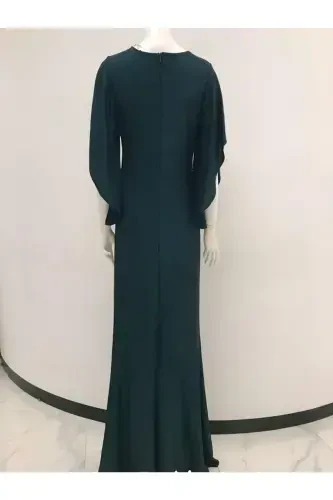 bel aksesuarlı kol detaylı büyük beden elbise 39715-zümrüt yeşili - 3