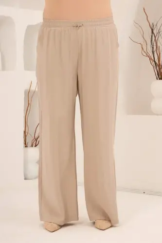 Bel Bağcık Detaylı Beli Lastikli Kadın Büyük Beden Pantolon Bej - 3