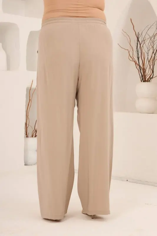 Bel Bağcık Detaylı Beli Lastikli Kadın Büyük Beden Pantolon Bej - 5