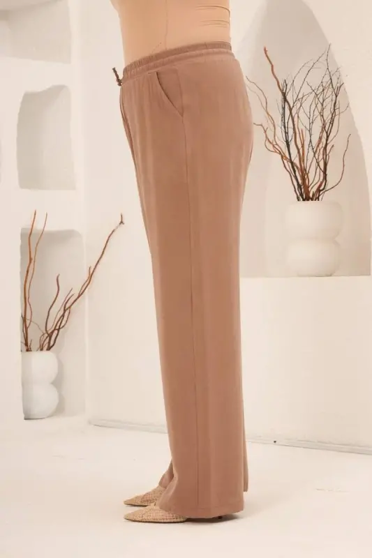 Bel Bağcık Detaylı Beli Lastikli Kadın Büyük Beden Pantolon Camel - 2