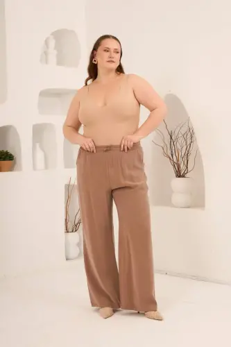 Bel Bağcık Detaylı Beli Lastikli Kadın Büyük Beden Pantolon Camel - 4