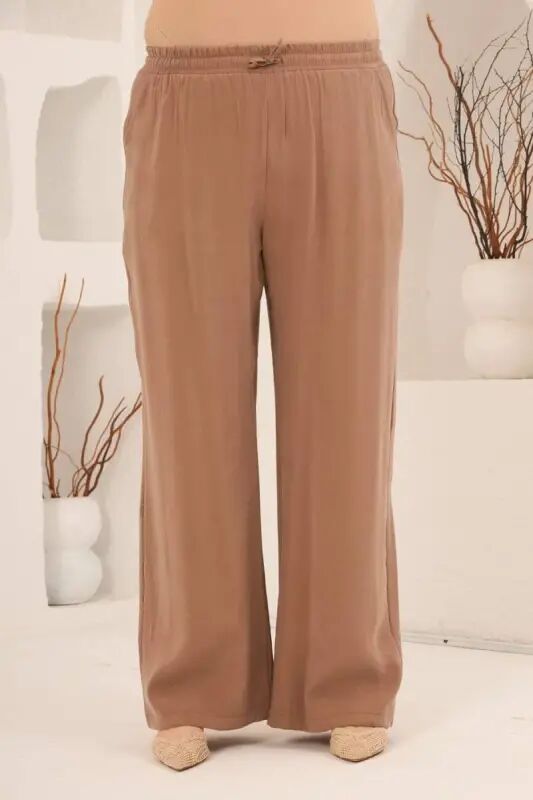 Bel Bağcık Detaylı Beli Lastikli Kadın Büyük Beden Pantolon Camel - 3