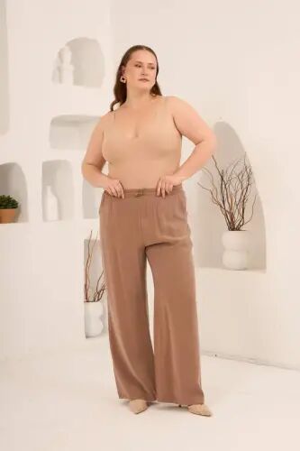 Bel Bağcık Detaylı Beli Lastikli Kadın Büyük Beden Pantolon Camel - 4