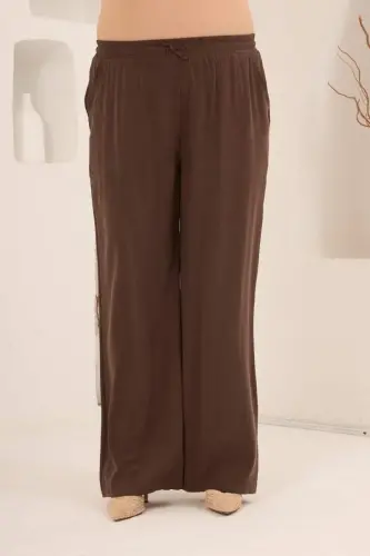Bel Bağcık Detaylı Beli Lastikli Kadın Büyük Beden Pantolon Kahve - 1