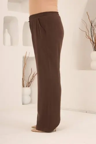 Bel Bağcık Detaylı Beli Lastikli Kadın Büyük Beden Pantolon Kahve - 3
