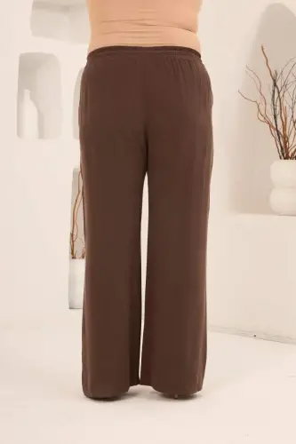 Bel Bağcık Detaylı Beli Lastikli Kadın Büyük Beden Pantolon Kahve - 5