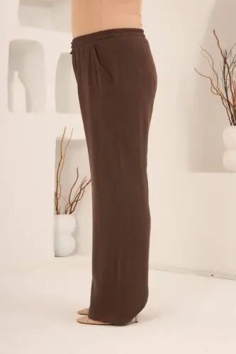 Bel Bağcık Detaylı Beli Lastikli Kadın Büyük Beden Pantolon Kahve - 3
