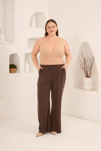 Bel Bağcık Detaylı Beli Lastikli Kadın Büyük Beden Pantolon Kahve - 4