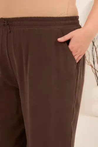 Bel Bağcık Detaylı Beli Lastikli Kadın Büyük Beden Pantolon Kahve - BÜYÜKBEDENIZ (1)