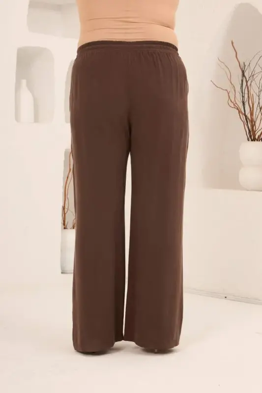 Bel Bağcık Detaylı Beli Lastikli Kadın Büyük Beden Pantolon Kahve - 5