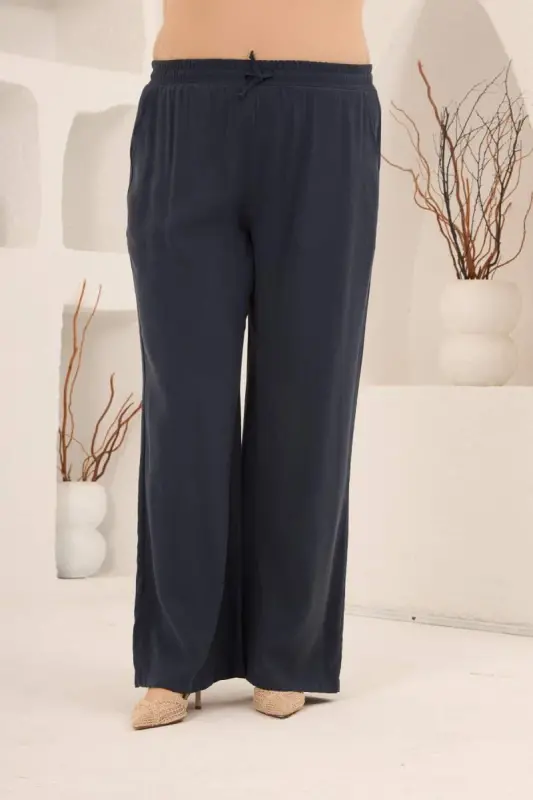 Bel Bağcık Detaylı Beli Lastikli Kadın Büyük Beden Pantolon Lacivert - 1