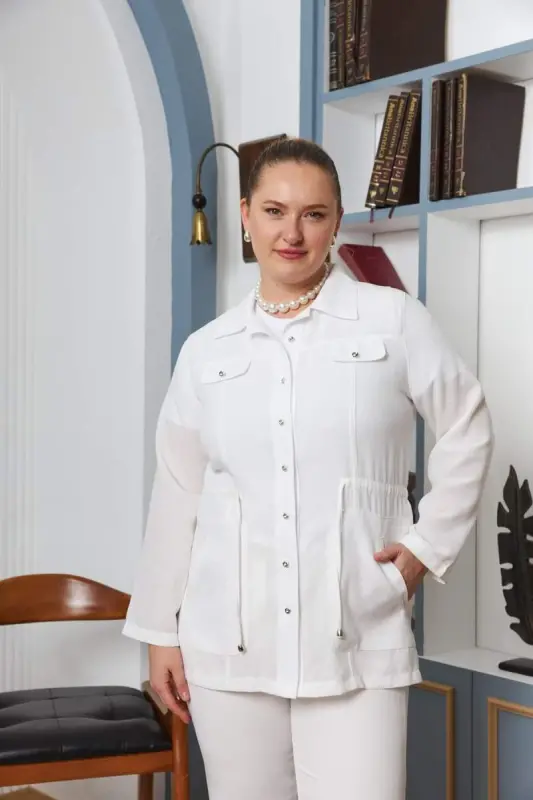 Bel Bağcık Detaylı Büyük Beden Beyaz Keten Ceket - 1