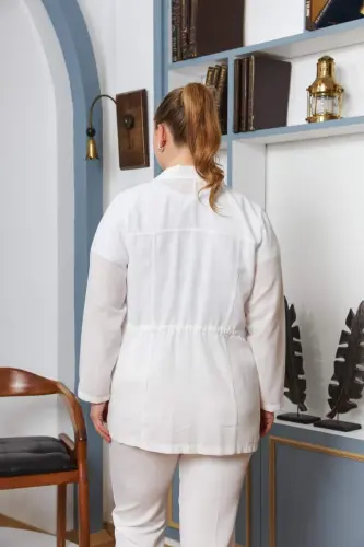 Bel Bağcık Detaylı Büyük Beden Beyaz Keten Ceket - 4