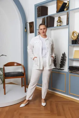 Bel Bağcık Detaylı Büyük Beden Beyaz Keten Ceket - 5