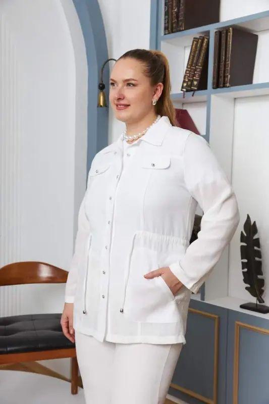 Bel Bağcık Detaylı Büyük Beden Beyaz Keten Ceket - 2