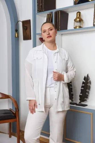 Bel Bağcık Detaylı Büyük Beden Beyaz Keten Ceket - 3