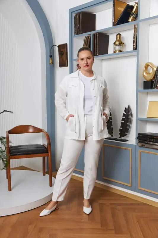 Bel Bağcık Detaylı Büyük Beden Beyaz Keten Ceket - 5