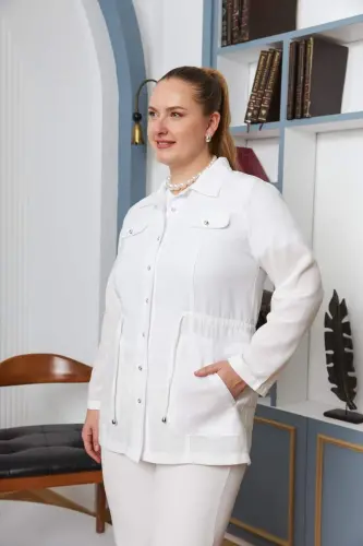 Bel Bağcık Detaylı Büyük Beden Beyaz Keten Ceket - BÜYÜKBEDENIZ (1)