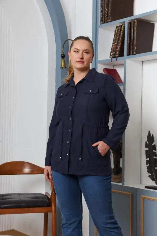 Bel Bağcık Detaylı Büyük Beden Lacivert Keten Ceket - 3