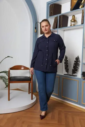 Bel Bağcık Detaylı Büyük Beden Lacivert Keten Ceket - 5