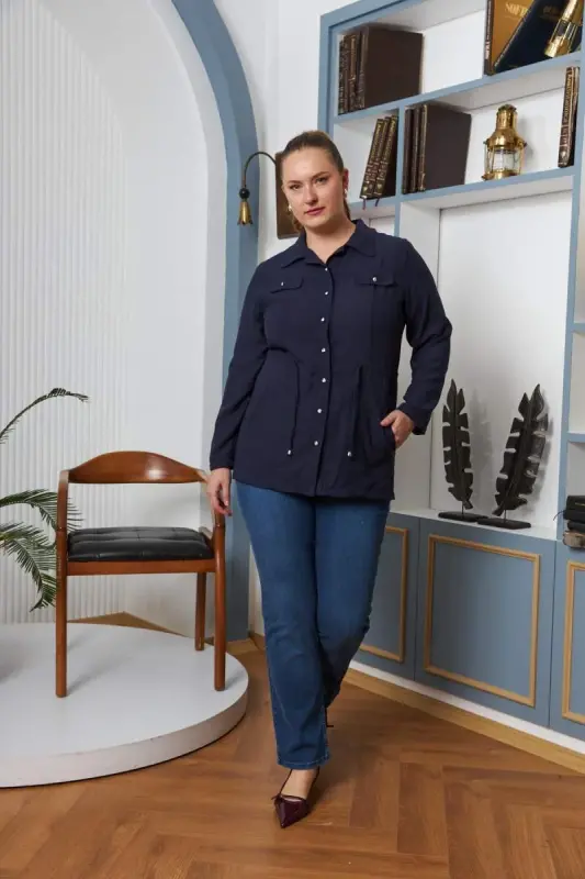 Bel Bağcık Detaylı Büyük Beden Lacivert Keten Ceket - 5