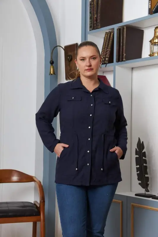 Bel Bağcık Detaylı Büyük Beden Lacivert Keten Ceket - BÜYÜKBEDENIZ