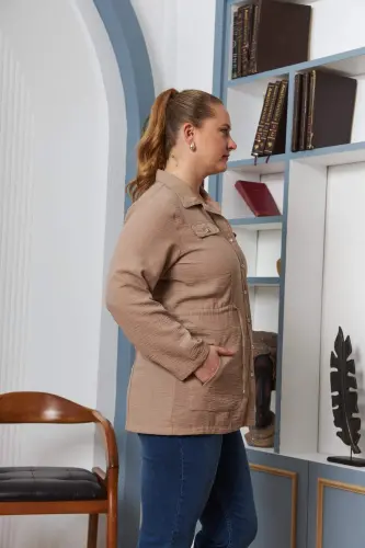 Bel Bağcık Detaylı Büyük Beden Vizon Keten Ceket - 2