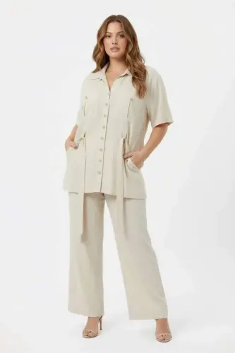 Bel Bağcık Detaylı Kadın Büyük Beden Ceket Pantolon İkili Takım Bej - 1