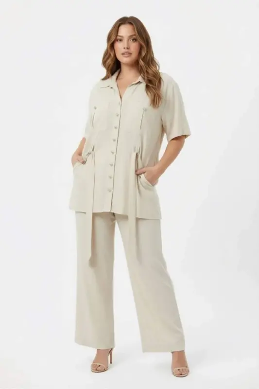 Bel Bağcık Detaylı Kadın Büyük Beden Ceket Pantolon İkili Takım Bej - 1