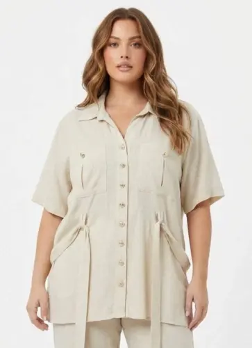 Bel Bağcık Detaylı Kadın Büyük Beden Ceket Pantolon İkili Takım Bej - BÜYÜKBEDENIZ (1)