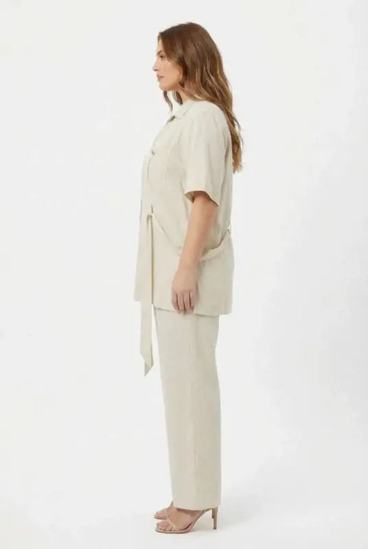 Bel Bağcık Detaylı Kadın Büyük Beden Ceket Pantolon İkili Takım Bej - 3