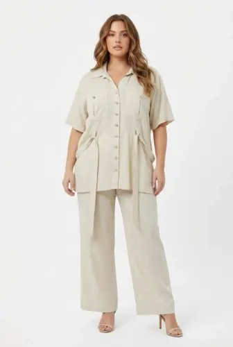 Bel Bağcık Detaylı Kadın Büyük Beden Ceket Pantolon İkili Takım Bej - 4