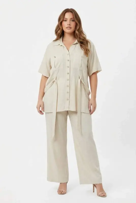 Bel Bağcık Detaylı Kadın Büyük Beden Ceket Pantolon İkili Takım Bej - 4