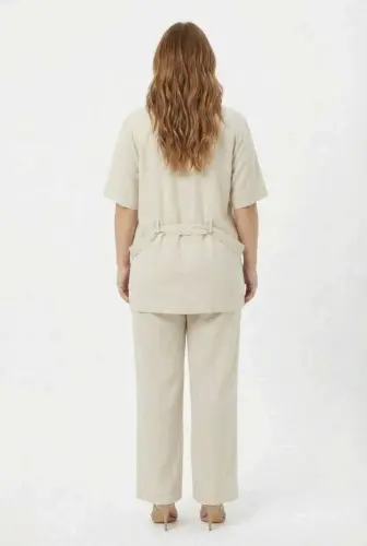 Bel Bağcık Detaylı Kadın Büyük Beden Ceket Pantolon İkili Takım Bej - 5