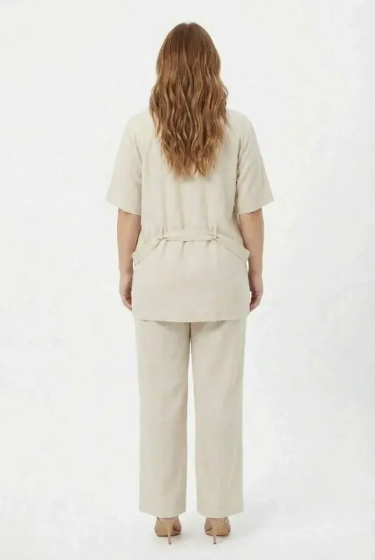 Bel Bağcık Detaylı Kadın Büyük Beden Ceket Pantolon İkili Takım Bej - 5