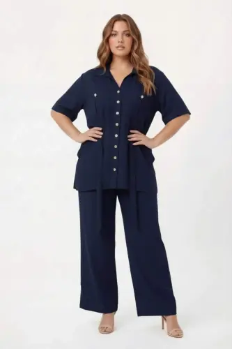 Bel Bağcık Detaylı Kadın Büyük Beden Ceket Pantolon İkili Takım Lacivert - 1