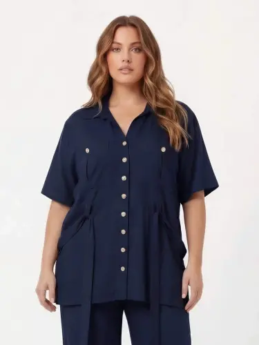 Bel Bağcık Detaylı Kadın Büyük Beden Ceket Pantolon İkili Takım Lacivert - BÜYÜKBEDENIZ (1)