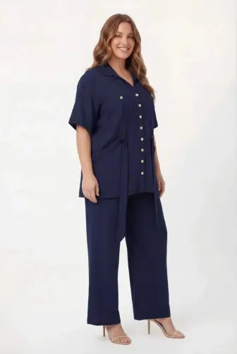 Bel Bağcık Detaylı Kadın Büyük Beden Ceket Pantolon İkili Takım Lacivert - 3