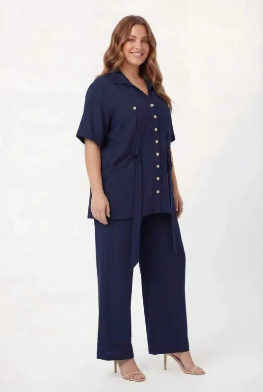 Bel Bağcık Detaylı Kadın Büyük Beden Ceket Pantolon İkili Takım Lacivert - 3