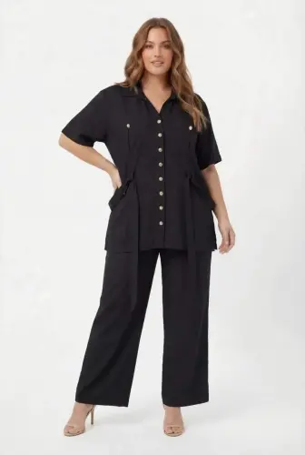 Bel Bağcık Detaylı Kadın Büyük Beden Ceket Pantolon İkili Takım Siyah - 1